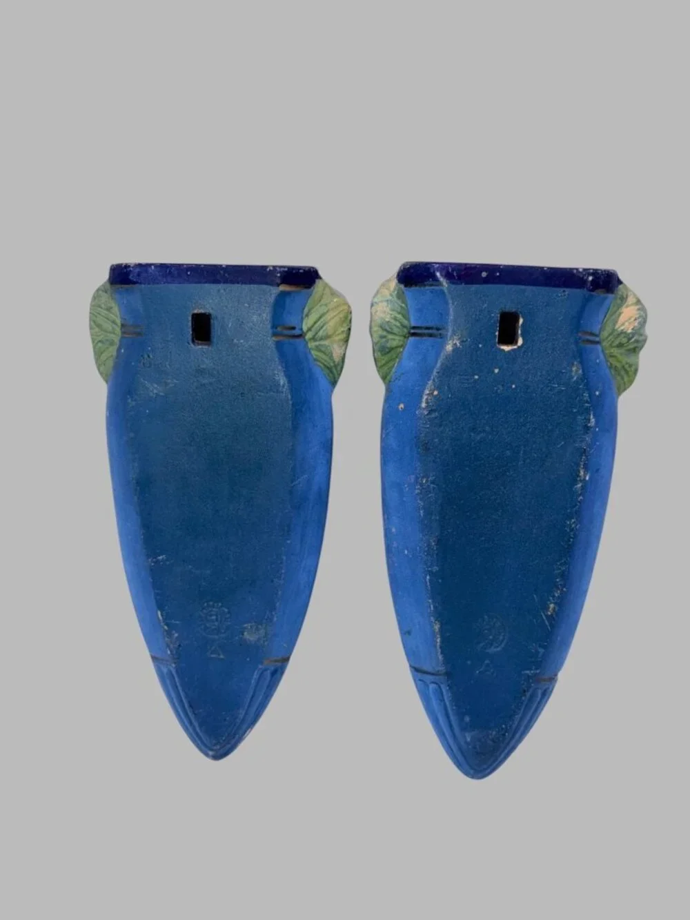 Vintage Japan Floral Wall Pocket Vase Pair Blue Yellow Cottagecore Folk Art 8.25